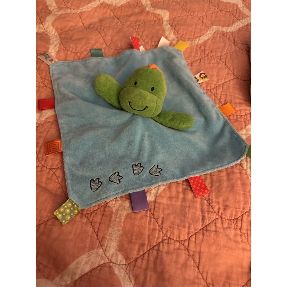 Taggies Dinosaur Lovey Security Blanket Green Blue Footprints Satin Baby RATTLE